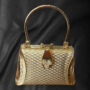 Vintage Sasha Gold Metal Box Clutch / Minaudière Top Handle Rhinestone Heart Y2K